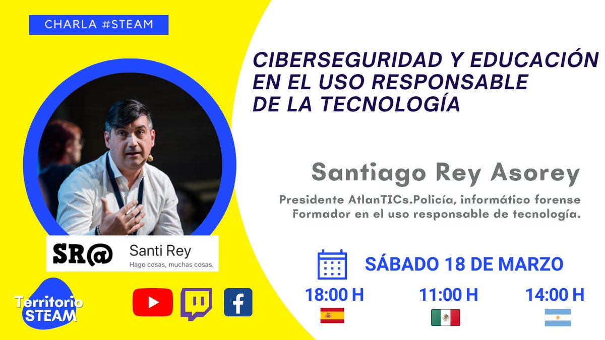 📢Ya llega el día! Mañana 18/03/23 a las 18h España

Charla #STEAM con Santiago Rey @SantiRey_TICs 
 
Síguenos y activa el recordatorio en las redes

🔲 Youtube: bit.ly/3JqKuJf

🔲 Twitch: bit.ly/3j8UuO6

🔲 Facebook: bit.ly/3JKGg0w

#territorioSTEAM