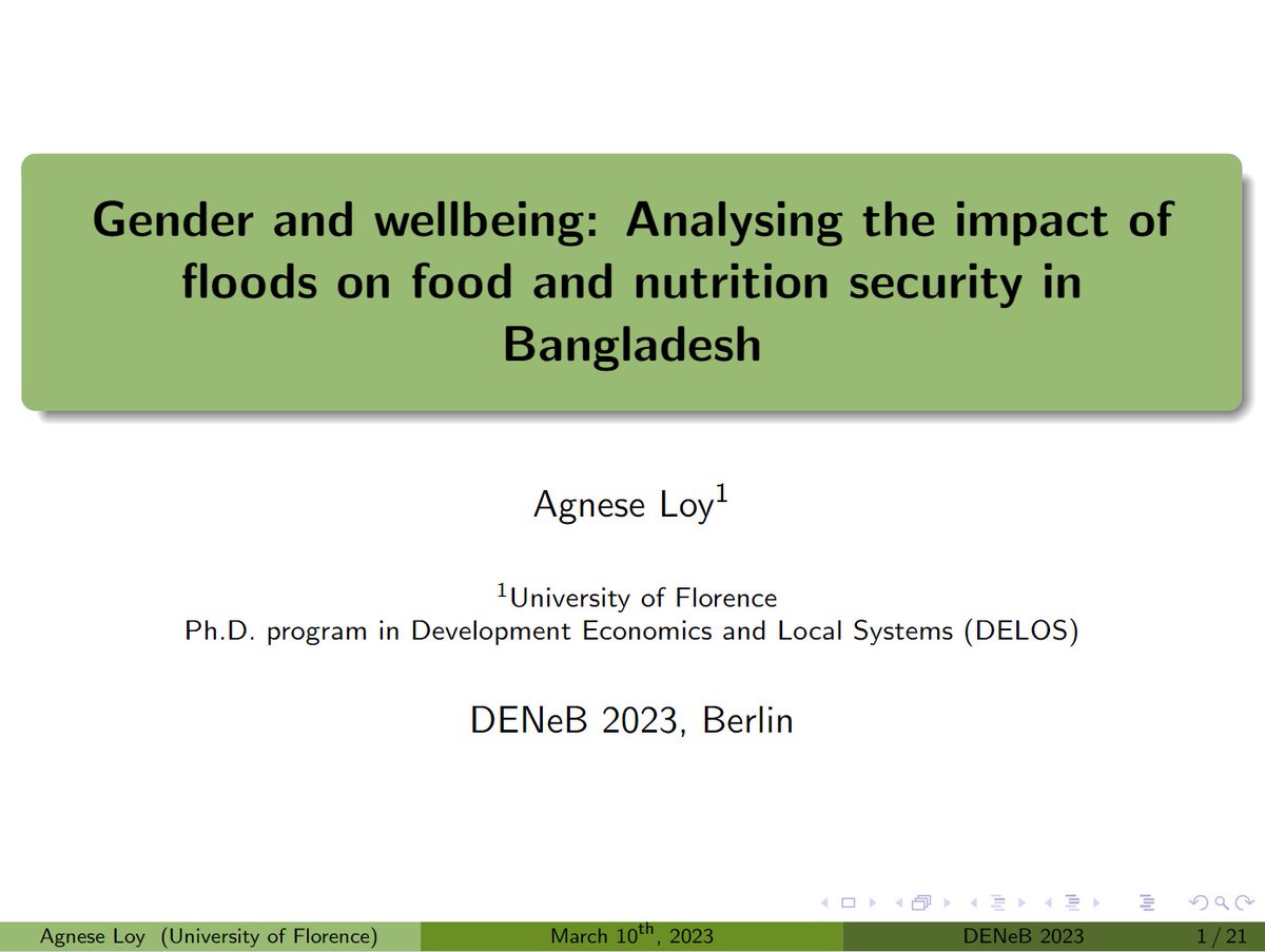 DENeB_Berlin's tweet photo. #PhDWorkshop It was a pleasure having @agneloy present her work on how major floods in rural Bangladesh impact hh food security &amp; adult nutrition, with an emphasis on gender. Key findings: (1) Female headship &amp; ownership of land exacerbate adverse effects on food&amp;nutrition (1/3) https://t.co/4BVXv75YeQ