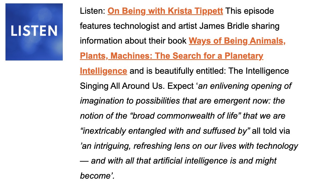 OutrageOptimism's tweet photo. Our tip from the team in this week's newsletter was a mind-blowing episode of #onbeing with @kristatippett and guest @jamesbridle about new ways of understanding nature, technology and well, everything. Glorious. https://t.co/z2WKyRw82F https://t.co/gdvztRujKF