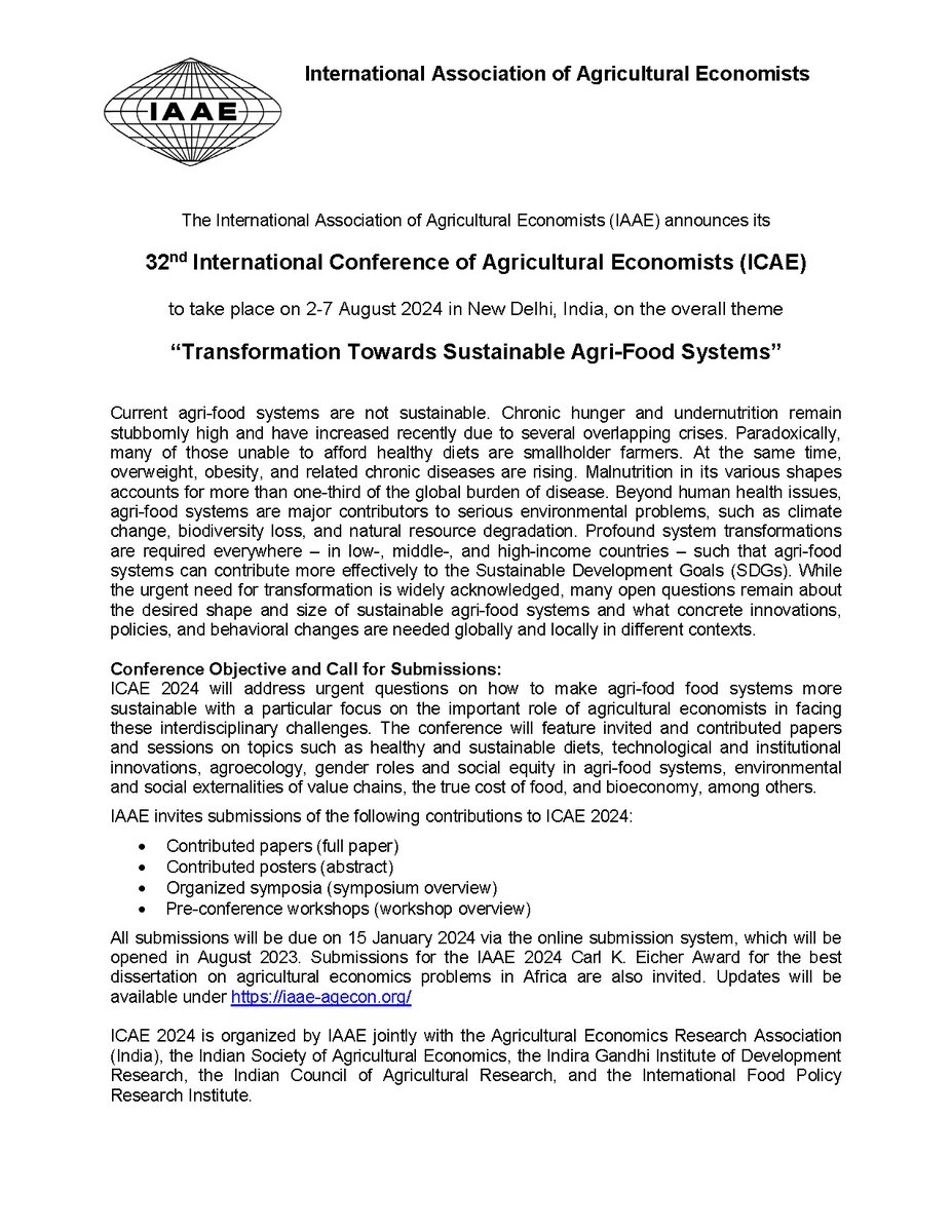 IAAEAgEcon's tweet photo. The 32nd International Conference of Agricultural Economists will take place from 2-7 August 2024 in New Delhi, India. 

The theme of the conference will be “Transformation Towards Sustainable Agri-Food Systems.”

Prepare to submit your papers by 15 Jan 2024. #ICAE2024 #Delhi2024 https://t.co/PEI59FqAGJ