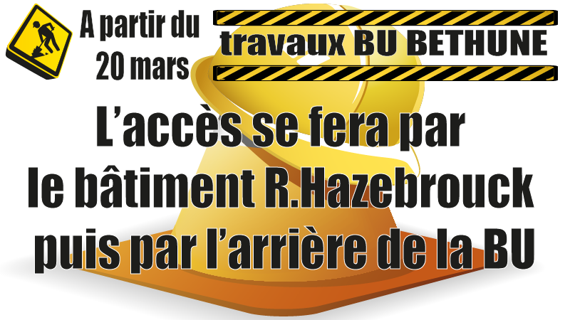 Des travaux d'aménagement paysager débuteront le 20 mars sur le site de Béthune pour 3 mois.
Durant cette période, la BU restera ouverte aux horaires habituels (portail-bu.univ-artois.fr/fr/horaires). L'accès se fera par l'arrière du bâtiment.
Veuillez nous excuser pour la gène occasionnée.