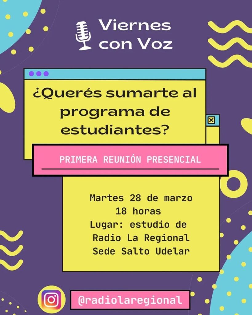 viernesvozz's tweet photo. Volvemoooooooossss 🎙️🗣️

¿Querés sumarte al programa de estudiantes? 

Te esperamos para la primera reunión presencial. Te contaremos de qué se trata y responderemos a todas tus consultas. 

Próximo martes 21 de marzo, 18 horas, en el estudio de Radio La… https://t.co/hNLeb92QeF https://t.co/PvHLHq84E6