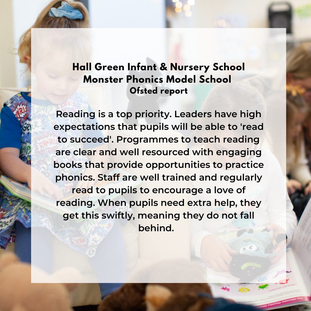 MonsterPhonics's tweet photo. Amazing to read the Ofsted report from one of our Model Schools Hall Green Infant &amp; Nursery School!

#phonics #learning #phonicsscheme #phonicsprogramme #decoding #reading #spelling #ofsted #school #schoolreport #multisensory #multisensorylearning #colourcoding https://t.co/H03eGUQiav