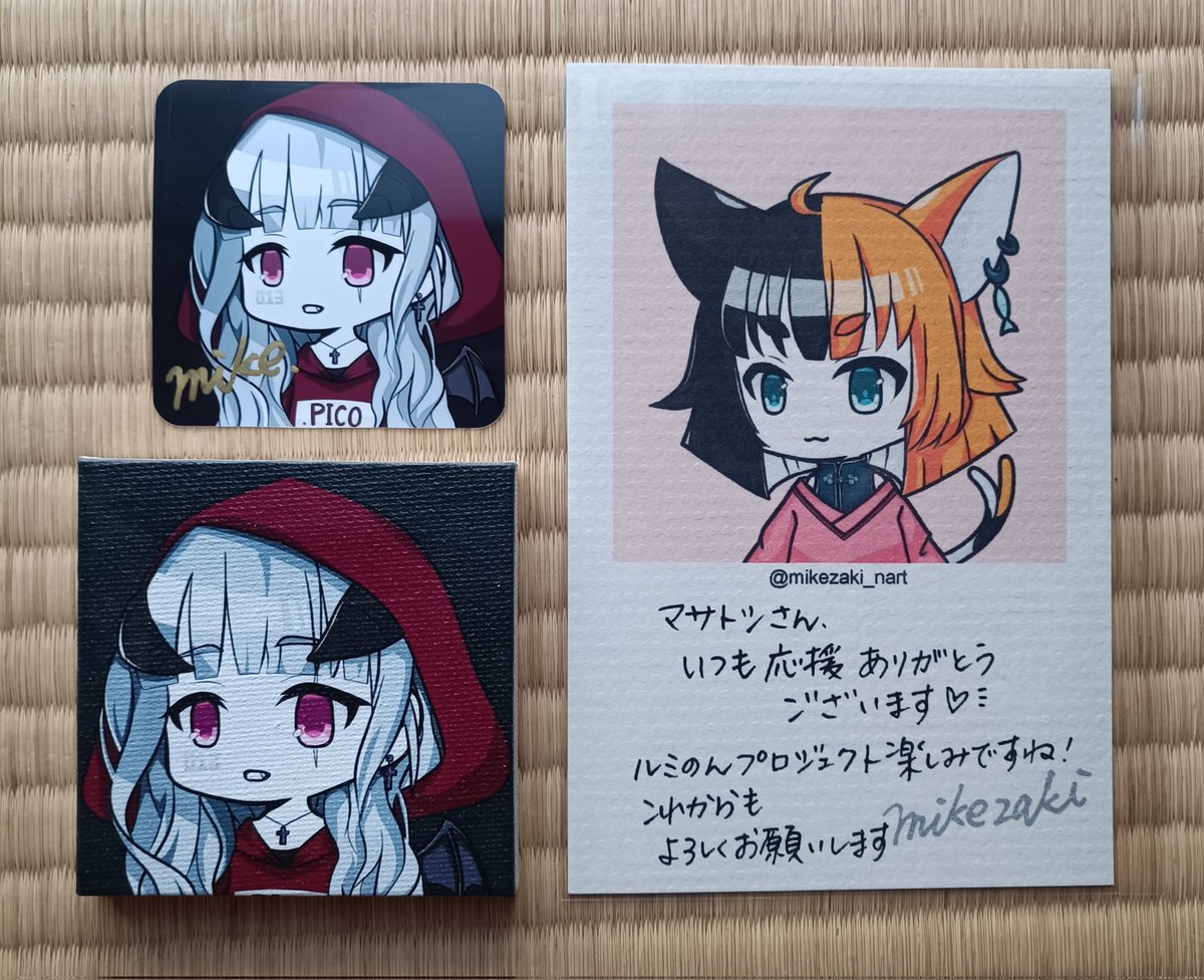 なんと、 #ちびくうるがある のホルダー特典としてミニキャンバスアートをいただきました！😻
三毛崎さん <a href="/mikezaki_nart/">三毛崎🐱みけざき</a> からの直筆メッセージもあり、めちゃくちゃ嬉しいです！✨
ありがとうございます☺
UVによる劣化も少ない加工なので、飾らねば！🥰
大きさに合うイーゼル探します！