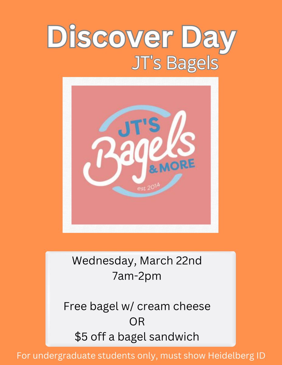 Who’s ready for some JT’s Bagels? Next Wednesday you can stop in and enjoy a free bagel with cream cheese OR receive $5 off of a bagel sandwich.