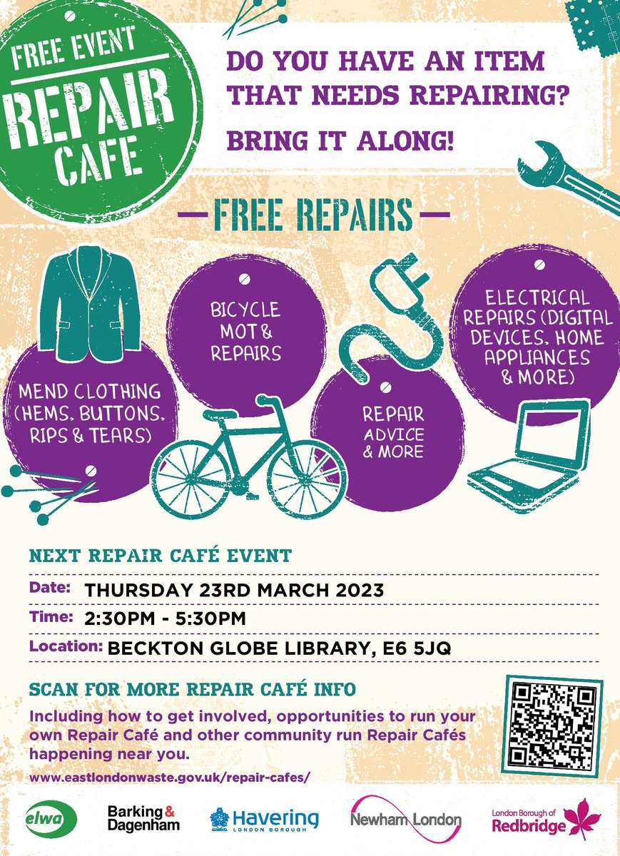 It's Repair Week! So come and join us at Beckton Globe Library E6 on Thursday and get some FREE repairs. #RepairWeekLDN #LoveItForLonger #FixItDontDitchIt
@NewhamLondon @NewhamLibraries @RecycleFYC @JamesAsser