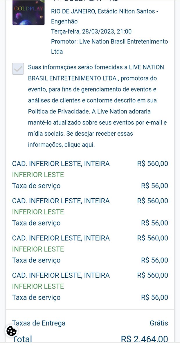OLLG_InBrazil's tweet photo. Vendo 1 (um) ingresso inteira para o show do Coldplay no RJ (28/03)

- Setor: cadeira inferior 

#ColdplayRJ
#IngressoColdplay

OBS: Comprei 4 ingressos, uma pessoa não vai mais ao show. https://t.co/5jM2Q4ivEE