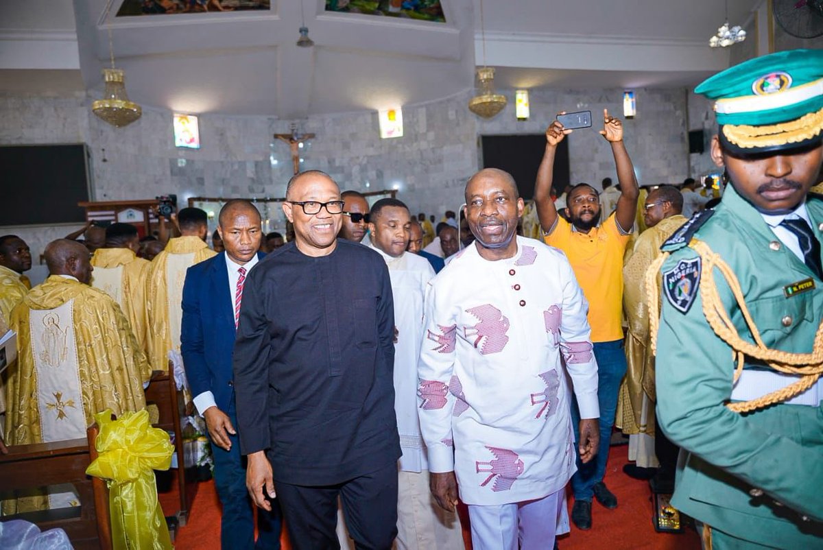 igboconnect's tweet photo. Gov. Soludo and former Gov. Peter Obi today at Aguleri, Anambra State for the Canonical Erection of the Catholic Diocese of Aguleri, and the Installation of its pioneer Bishop.

#Protest | MC Oluomo | Nnamdi Kanu | Seyi Tinubu | BVAS to IREV https://t.co/rH5vJuOLdZ