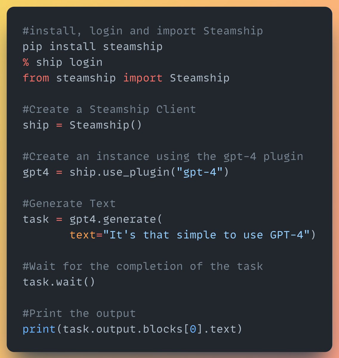 Sumanth_077's tweet photo. GPT-4 is Powerful as it is now multimodal and is capable of understanding both text and image inputs🔥

Here is how you can access GPT-4 model with just a few lines of code and use it:👇 https://t.co/X6wOqxZSsP