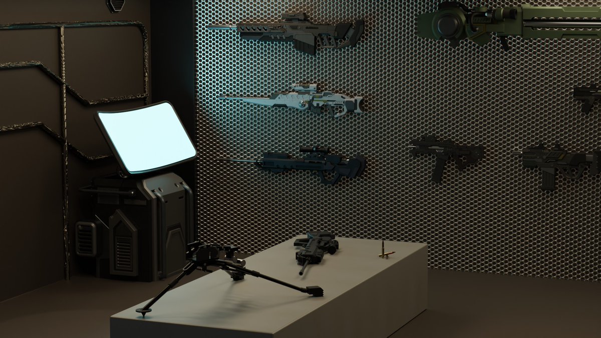 DB_553's tweet image. 今まで作ったモデルを集めて武器庫？的なものを作ってみました！！
いいかんじ！！

#blender #weapondesign