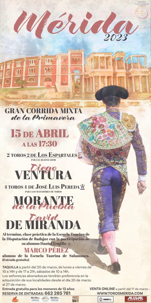 El 15 de Abril, os esperamos en 🏟️ MERIDA para nuestra gran corrida mixta ✨ 

🀄️ <a href="/InfoDVentura/">Info Diego Ventura</a> 
🀄️ <a href="/MorantedlPuebla/">Morante de la Puebla</a> 
🀄️ <a href="/DavDeMiranda/">David de Miranda</a> 

____
🖼️ Gracias <a href="/Justine_Messina/">Justine Messina</a> de Tendido11 por este cartel ! 
🎥 <a href="/huertas_melanie/">Mélanie Huertas</a>