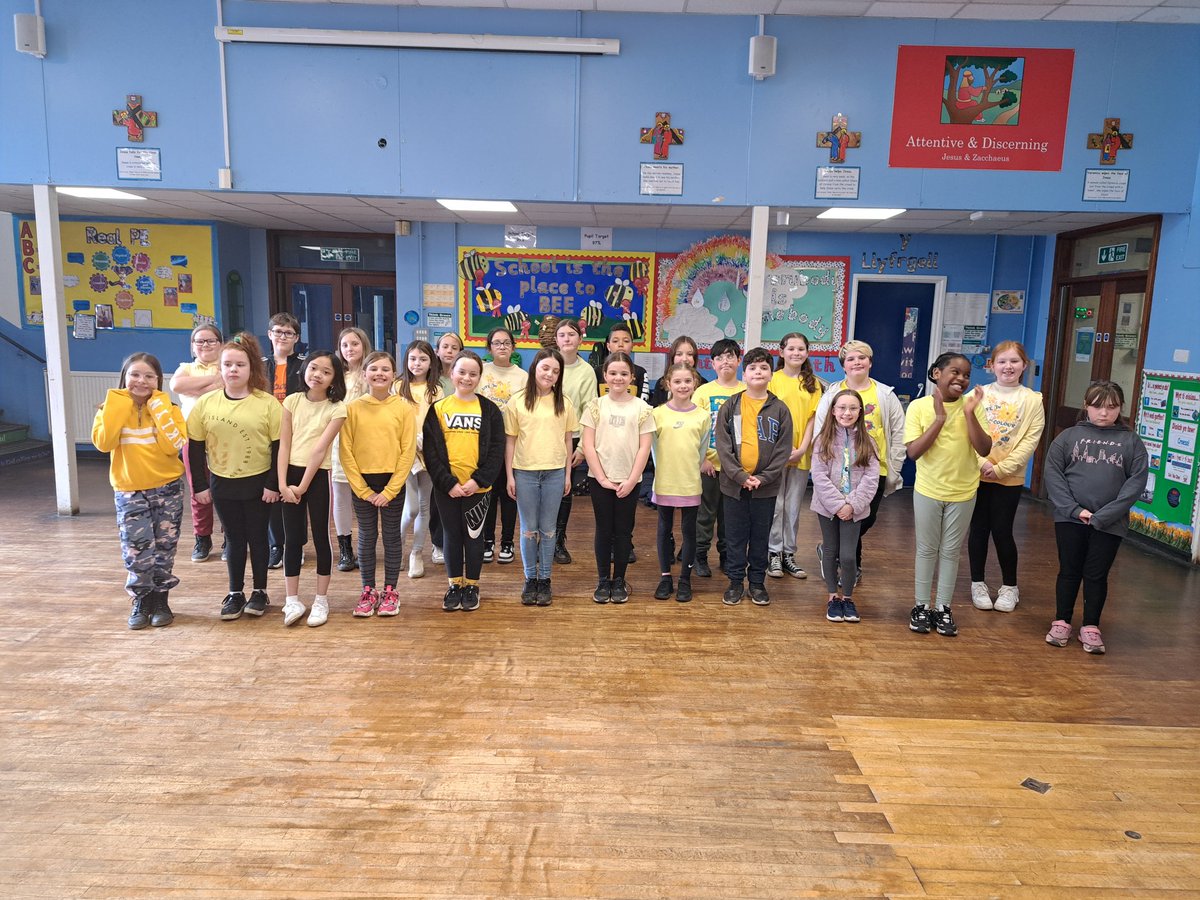 marys_rc's tweet photo. Blwyddyn 5 proudly wearing yellow to support @hcptgroup102 and @HCPT. Diolch yn fawr for all your generous donations! #bcavalues #almsgiving https://t.co/8W2XfYaSCJ