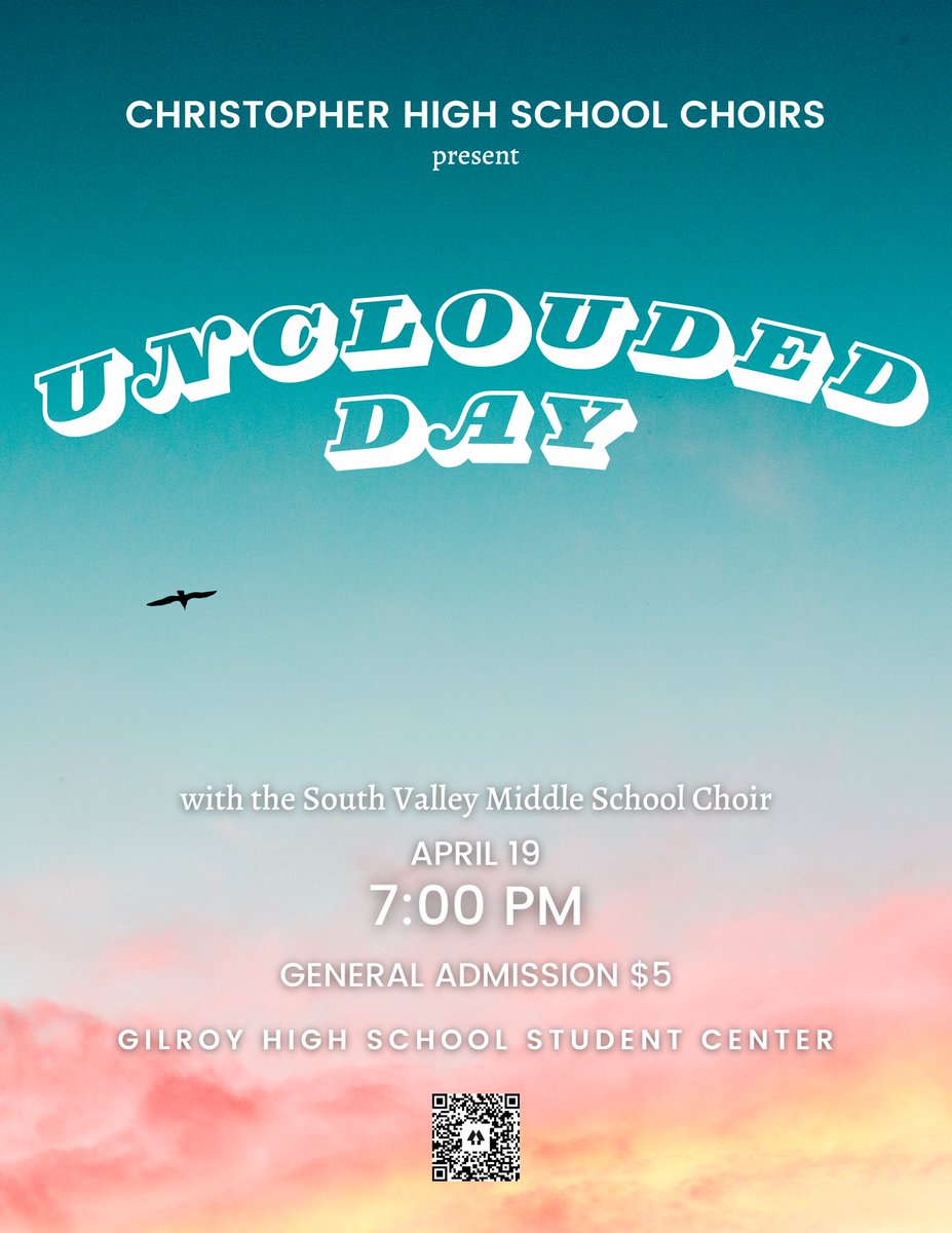 Join us on Wednesday, April 19 for our spring concert “Unclouded Day” at 7pm at the Gilroy HS Student Center! For tickets, check the link in our bio. 
#christopherchoirs #gilroysings #choir #choirconcert #springconcert #gilroygrown #gusdproud #singing #gilroyevents #livemusic