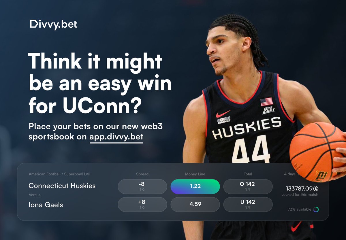 Will <a href="/UConnMBB/">UConn Men's Basketball</a> take down <a href="/IonaGaelsMBB/">Iona Men’s Basketball</a> today at 4:30PM EST. 

Make a bet on app.divvy.bet and back your pick! 

Don't like betting? It's okay - Just #BeTheHouse

UCONN: The Huskies are 16-6 ATS in their past 22 NCAA Tournament games