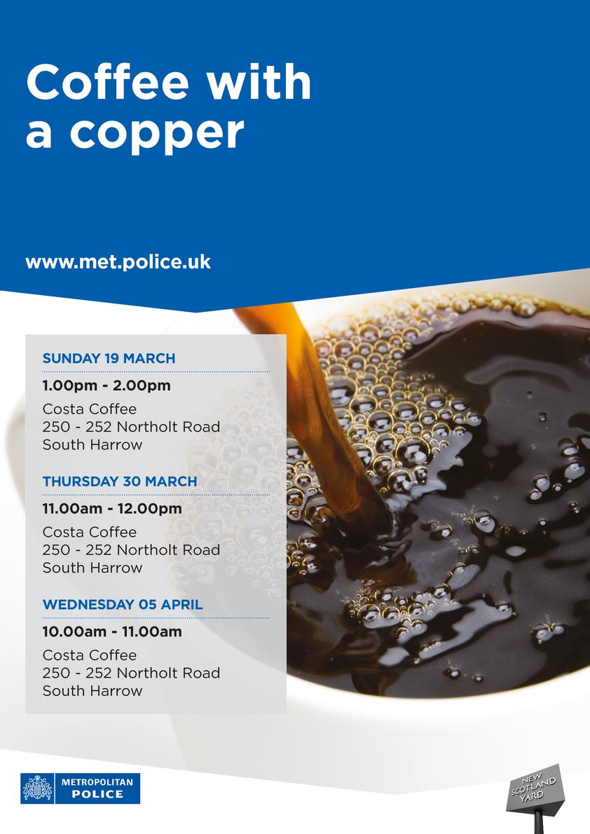 MPSRoxeth's tweet photo. Come and join me for a chat at Costa Coffee on the dates and times below. If you have any concerns relating to ASB or neighbour disputes then I am happy to help. #CoffeewithaCopper #crimePrevention #Roxeth https://t.co/NxSH75jeHy