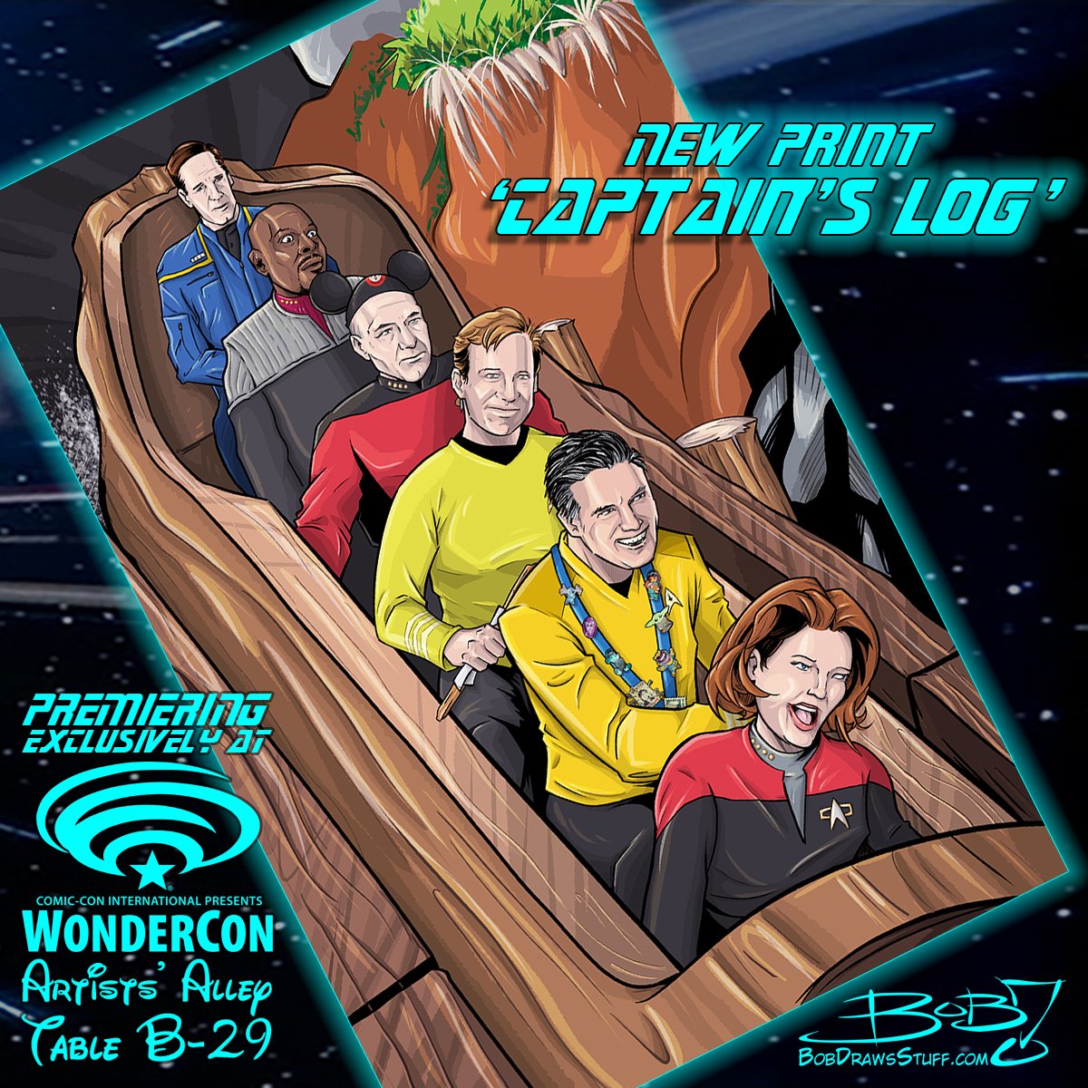 BobDrawsStuff's tweet photo. CAPTAIN'S LOG: Stardate 76691.1 - Six Federation captains explore the Anaheim quadrant when they find themselves at the happiest place.
New print. Premiering exclusively at @wondercon March 24-26. Artists' Alley. Table B-29.
#wondercon2023 #artistalley #b29 #bobdrawsstuff https://t.co/M7dO74msJ3