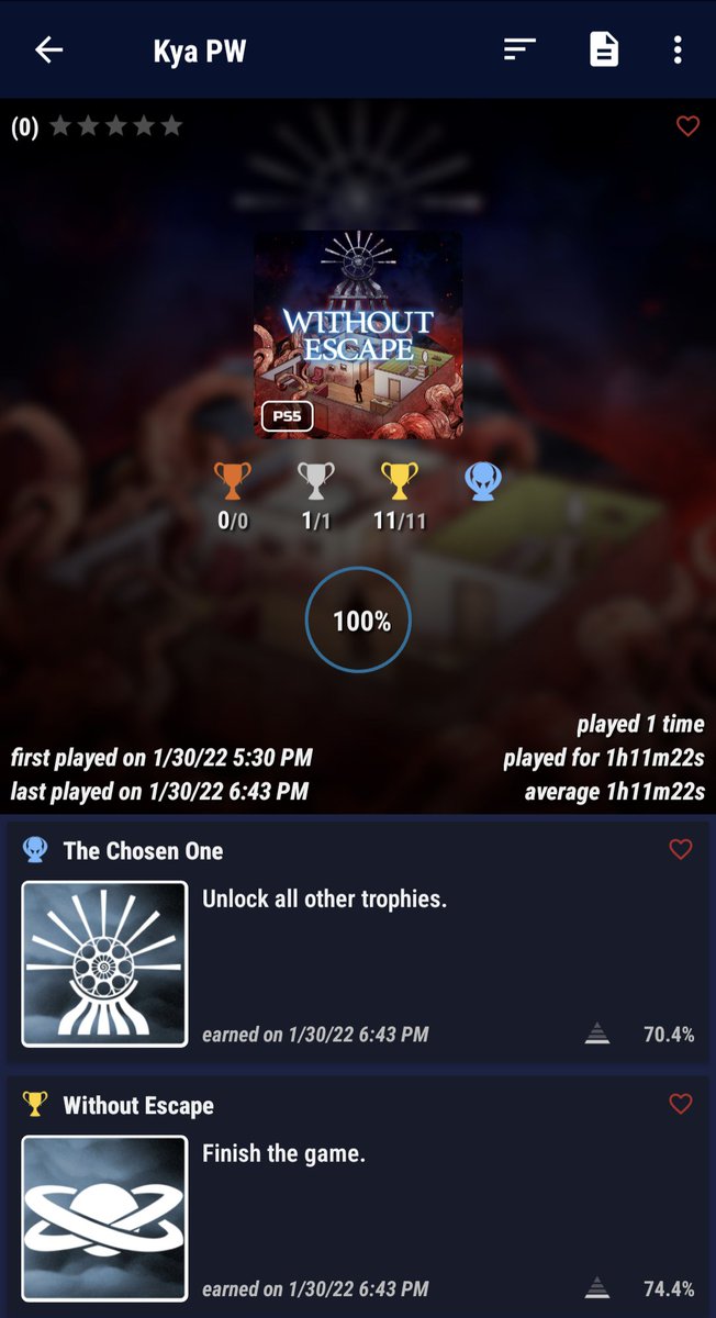 KyaPW's tweet photo. A quick 🏆PLATINUM🏆 • PS4 version
The PS5 version 🏆 earned 1/30/22
Without Escape
The Chosen One
🏆(PLATINUM)🏆
#PlayStationTrophy #TrophyHunter
#PlatinumTrophy #PS5Share, #WithoutEscape https://t.co/7T7LXz96aq