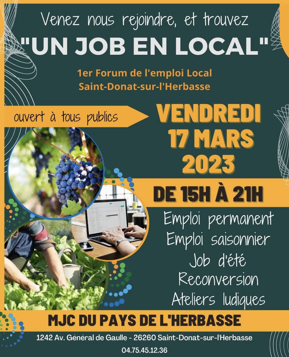 DuchampMichel1's tweet photo. ✅#AvecPoleEmploi Romans et ses partenaires 
👉On vous attend au 1er forum de recrutement  "UN JOB EN LOCAL" ce vendredi 17/03 MJC St Donat/l'Herbasse des 15h à 21H Une belle opportunité pour recnontrer les employeurs en direct &amp; trouver votre futur emploi👍
#OnEstLàPourVous https://t.co/e9IZtXMju6