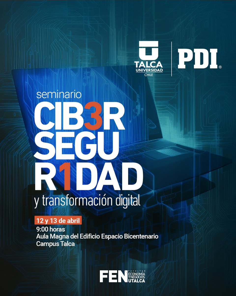 fenutalca's tweet photo. Ciberseguridad y Transformación Digital 💻📱 👇

Les invitamos a participar en el seminario Ciberseguridad y Transformación Digital, organizado por nuestra Facultad y la Brigada Investigadora de Delitos Económicos #Talca de la @PDI_Maule @PDI_CHILE https://t.co/GthZmX14wV