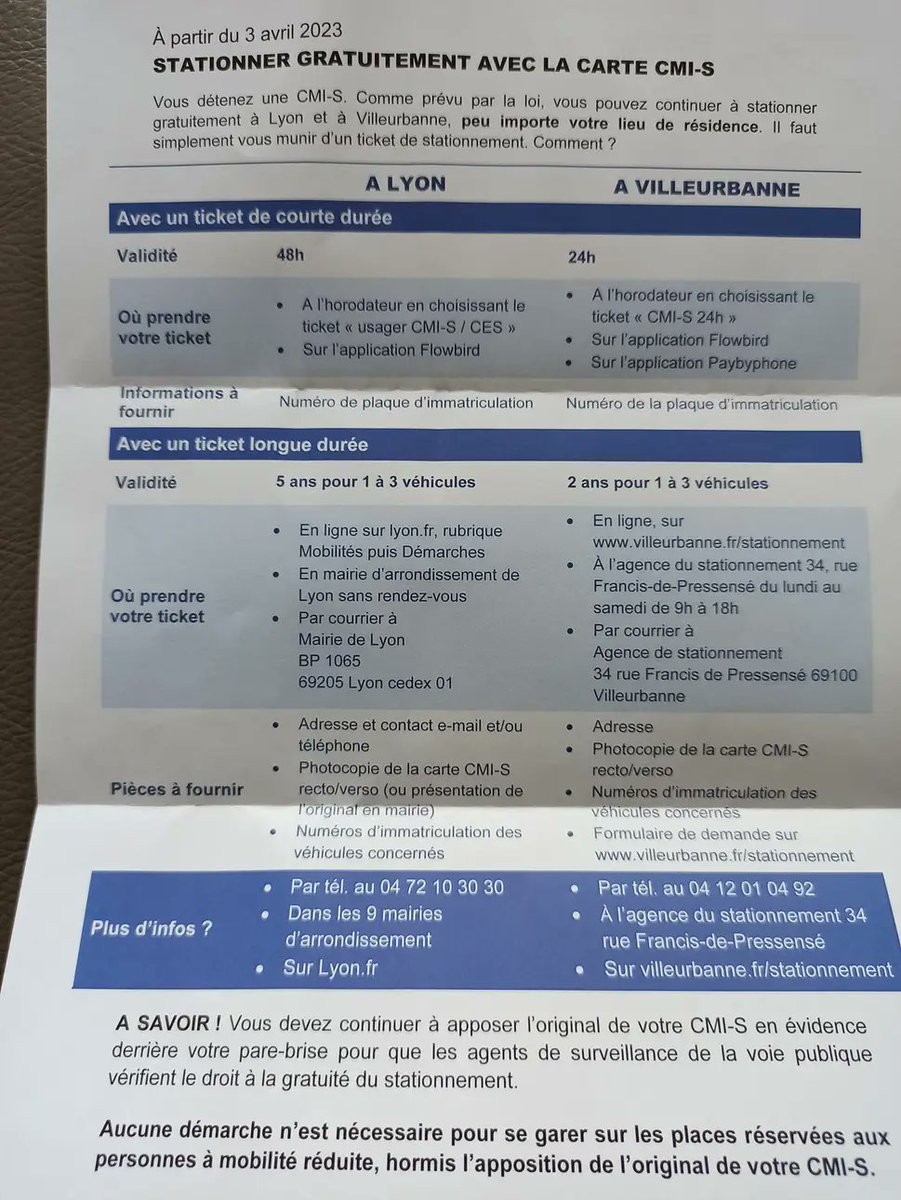 Attention à compter du 3 Avril 2023. Un ticket d'horodateur est à apposer obligatoirement lorsque vous stationnerez dans les communes de Lyon et Villeurbanne, même pour les détenteurs de la carte de stationnement. Le stationnement reste gratuit.