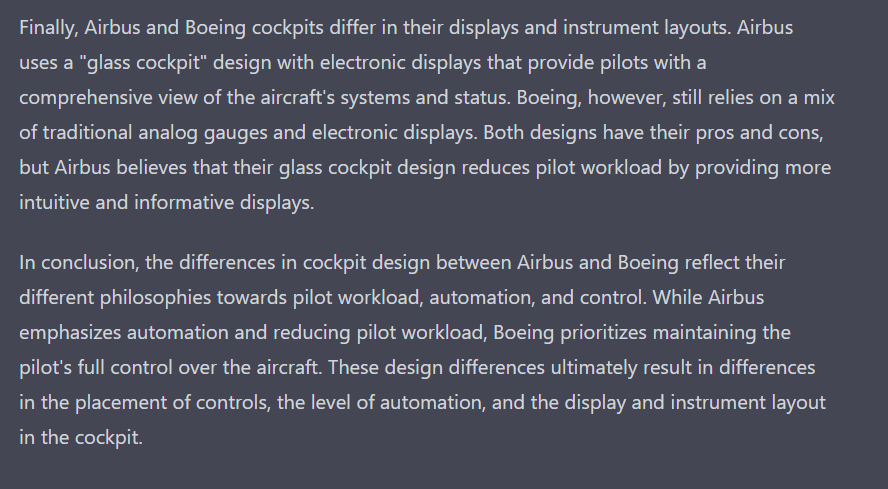 aerospaceLogan's tweet photo. Update #chatgpt4 has significantly improved it's answer to this question "Explain the difference in cockpit design between Airbus and Boeing" #AirbusvsBoeing #AvGeek https://t.co/QtiIjbf2J4