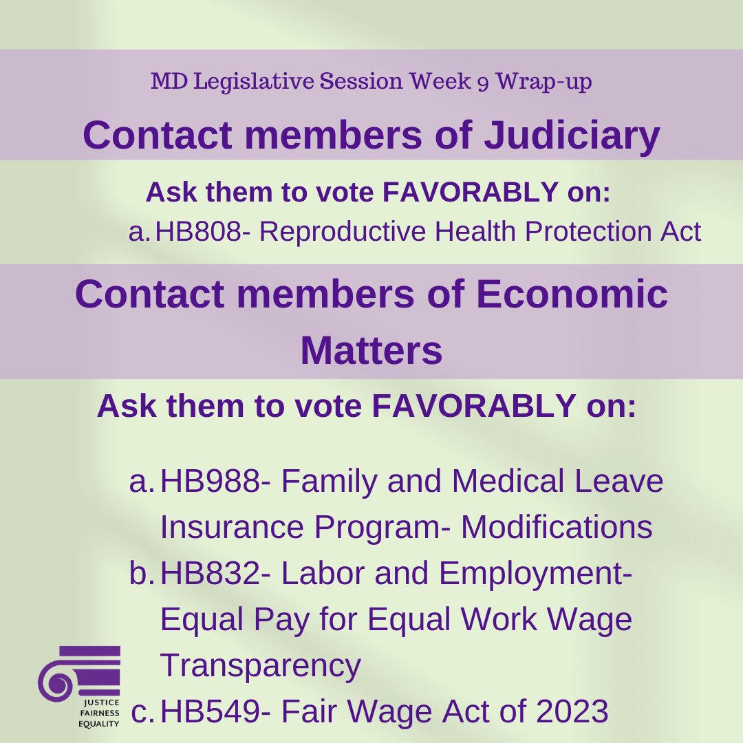 WLCMD's tweet photo. 3/ Contact members of Judiciary and Economic Matters Committees and ask them to vote #favorably! Make your voice heard &amp; join us in participating in the legislative process! #forthepeoplebythepeople #equalpay #FLMA #reproductivehealth #fairwageact #advocacy #womensrights https://t.co/wJcfg4El8N