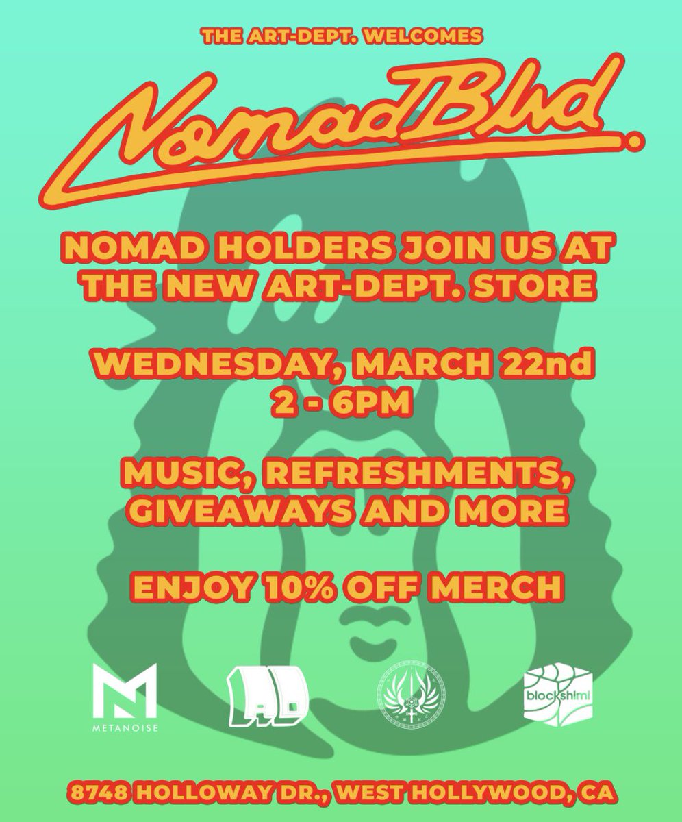 nomadblvd's tweet photo. Exciting news, Nomads! 🎉

Join us on March 22nd from 2pm-6pm at theART-Dept. store in West Hollywood for Nomad Holders Day! 🛍️

🎶 Enjoy music, refreshments, giveaways and a discount on merch! Don't miss out on the fun 🤩 

#NomadHoldersDay #WestHollywood #ShopNomadBlvd https://t.co/qJzV8M7jSL