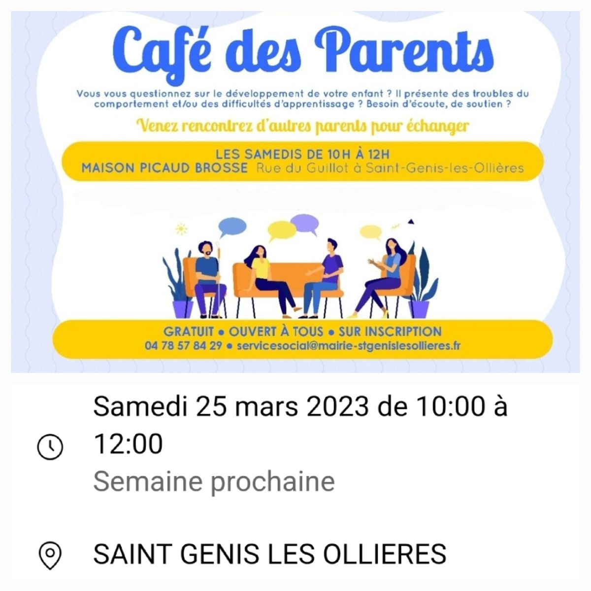 En partenariat avec la Commune de St-Genis les Ollières venez échanger, partager vos angoisses, vos questionnements sur le développement de vos enfants. Inscription obligatoire par mail servicesocial@mairie-stgenislesollieres.fr ou par téléphone 04.78.57.84.29. Places limitées.