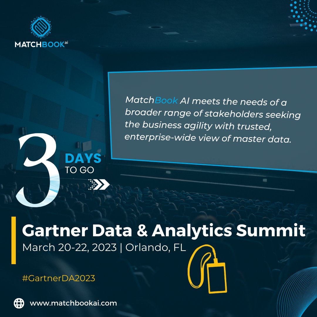 matchbook_ai's tweet photo. 3 days left until the most exciting event of the year - Gartner Data &amp; Analytics Summit 2023! Prepare to take your business to new heights with the latest trends, technologies, and strategies for mastering data assets! See you there!

#gartnerda #dataanalytics #ai #matchbookai https://t.co/eLLJMxr8kf