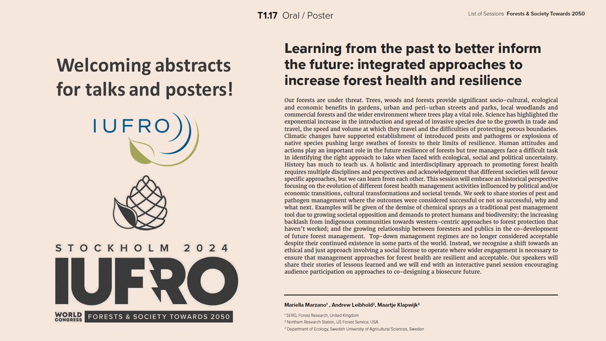 IUFROdivision7's tweet photo. #IUFRO2024 ✨#SessionHighlight✨
T1.17 “Learning from the past to better inform the future: integrated approaches to increase #ForestHealth and resilience” will be moderated by Mariella Marzano, Andrew Liebhold and Maartje Klapwijk
https://t.co/5w9IvWvEw8 https://t.co/MJvfPjbR0v