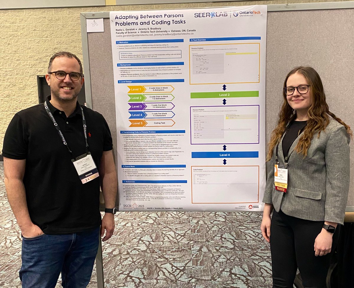 Nadia Goralski is presenting our #SIGCSE TS poster titled “Adapting Between Parsons Problems and Coding Tasks” this morning. If you’re attending the conference please stop by. 🙂 #OntarioTech