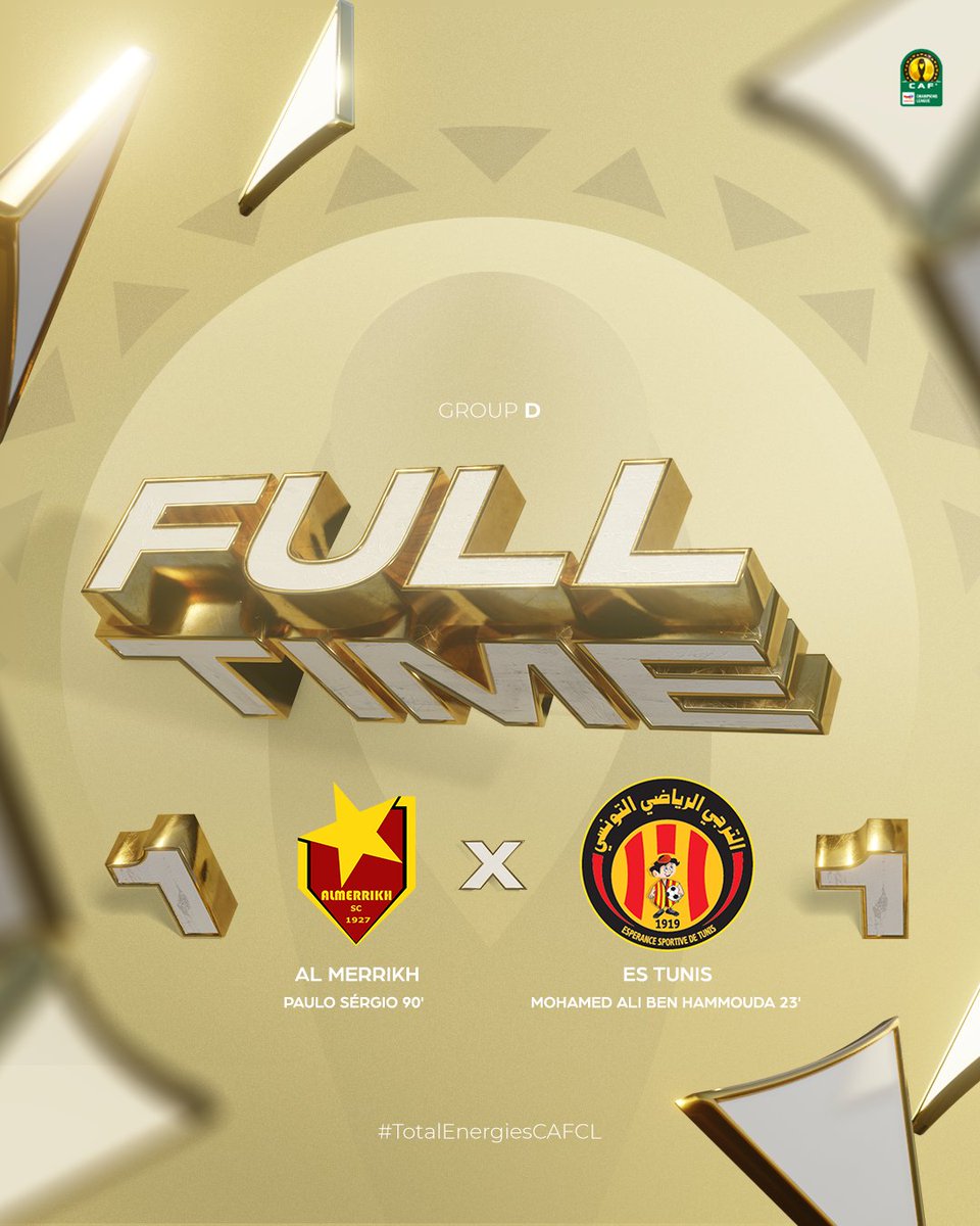 CAFCLCC_ar's tweet photo. ⏱️ نهاية المباراة!

🇸🇩 المريخ 1-1 الترجي 🇹🇳

نقطة لكل فريق تحسم مجريات اللقاء على ملعب شهداء بنينا بالجولة الخامسة من دور المجموعات. 🤝

#TotalEnergiesCAFCL |  #MSCEST https://t.co/3DFEZRX2HD