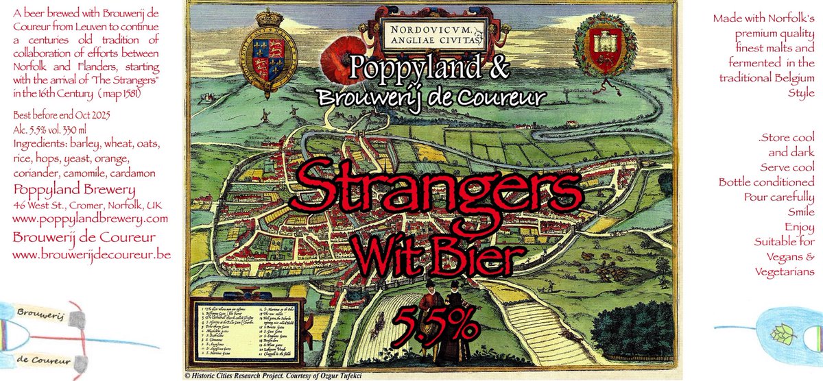 Here’s the label for our City of Ales collaboration with Brouwerij de Coureur, initial 60 bottles are nicely conditioning watch this space #cityofales #visitflanders #brouwerijdecoureur ⁦@RogerProtzBeer⁩ #crispmalt #witbier #strangers #zynthophile #thevinenorwich #norwich