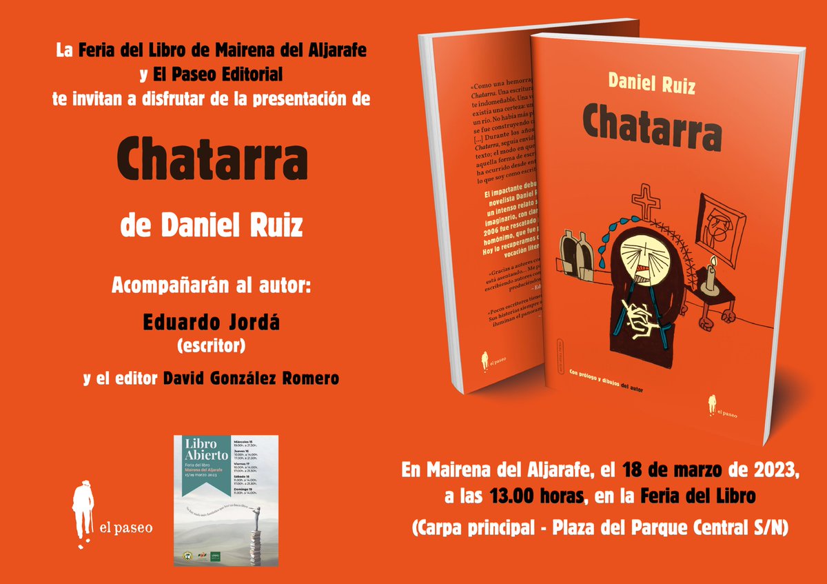 paseoeditorial's tweet photo. ➡️ Mañana os proponemos este plan para el sábado:

📚 La presentación de la novela "Chatarra", de @juntapalabras.

🗣️ Con el escritor Eduardo Jordá y @DavidGRomero_ 

📍 En la feria del libro de Mairena del Aljarafe 
🕛 A las 13:00h 

Os esperamos 👇 https://t.co/pKKit0FfHw