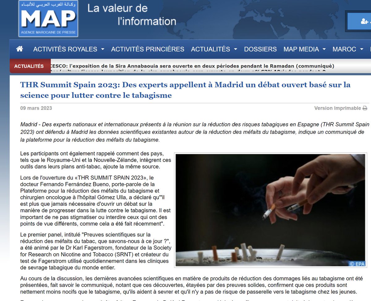 UPEVasociacion's tweet photo. 🗞️Medios de todo el mundo, como la agencia de noticias de Marruecos, siguen informando sobre el 'THR Summit Spain 2023'.
Un congreso repleto de expertos en reducción de daños por tabaquismo donde el #vapeo ha jugado un papel fundamental. 🙌 @SpainThr 
https://t.co/0sKfgLr1tU https://t.co/Q0KjryDvO7