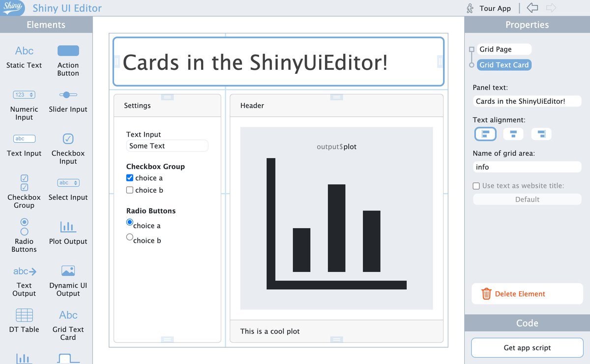 The latest update of {shinyuieditor} is an exciting one. The biggest addition is the new flexible card component from {bslib}. There is also a new text component and plenty of bug fixes! (1/4) 

Blog version of thread: shiny.rstudio.com/blog/cards-in-…