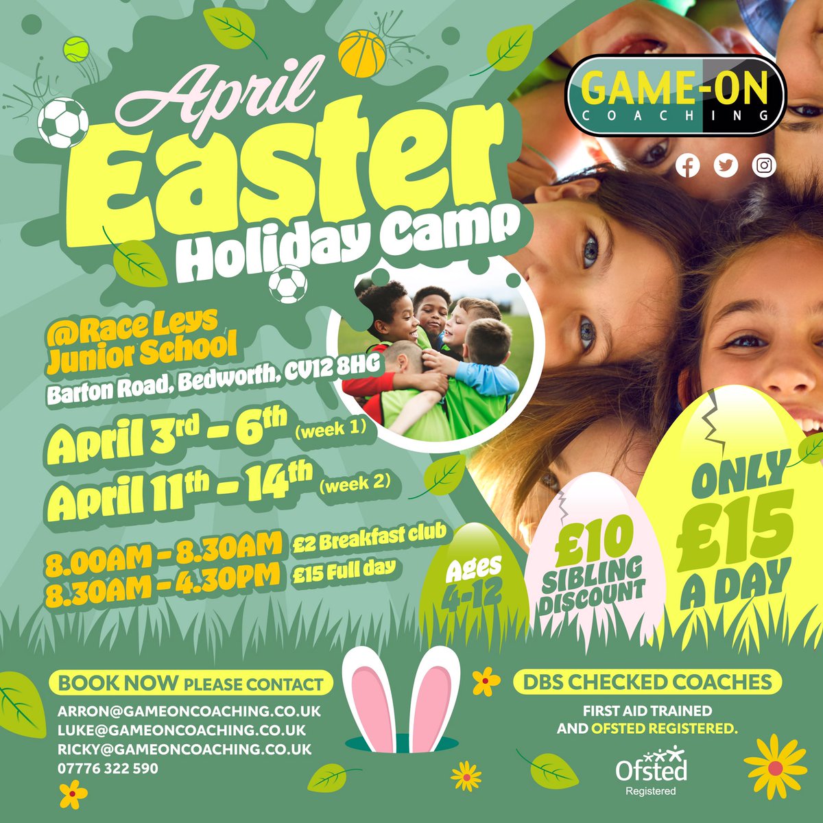 GameOn_Coaching's tweet image. Save an egg-ceptional amount this Easter 🤭 with Game-On’s Holiday club in Bedworth and Rugby! Plenty of sports with prizes 🥚 to be won everyday! 
Book on now by messaging age, name and dates you need
🥚 🍫 #easterclub #easterholiday #holidayactivities #rugby #bedworth #nuneaton