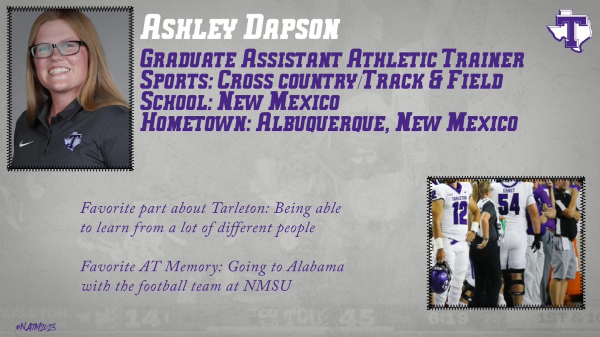 TexanSportsMed's tweet photo. Happy NATM Day 17: Staff Spotlight

@Ashley_Dapson joined our staff as a GA in July 2022. She works with our @TarletonXCTrack team. Check out our next tweet on how dedicated she is to her job. 

@Tarleton_MSAT @SWATAD6  @nmsuata https://t.co/zy4Icokqs4