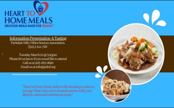 PDNiftyFifties's tweet photo. Heart to Home Meals is coming to Parkdale Nifty 50's to do an information presentation and tasting!  Please let us know if you'd like to attend. 

#parkdaleniftyfifties #yycseniors #Hearttohomemeals #mealtasting #yycprograms https://t.co/xH4RihKRuo