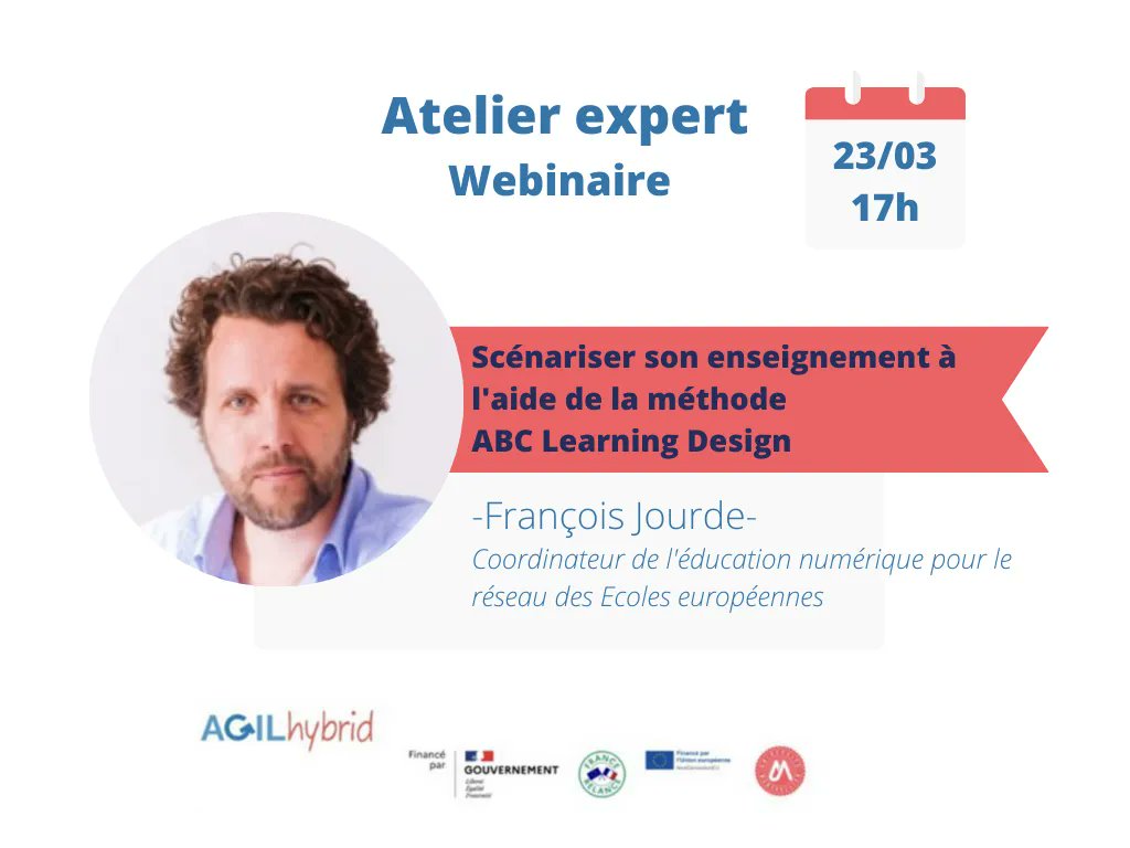 🚨 Rejoignez-nous le 23/03/23 de 17h à 18h30 pour découvrir la méthode ABC Learning Design. François Jourde, expert du sujet, partagera ses astuces pour concevoir à plusieurs des parcours d'enseignement efficaces. 
Inscriptions 👉buff.ly/3JCXgEP #webinaire #ABCLxD <a href="/jourde/">François Jourde</a>