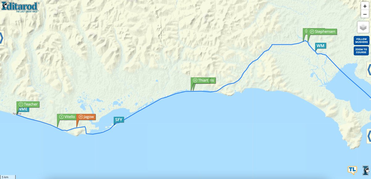 FionaWonderCat's tweet photo. Here's a look at the field! #BaileyVitello is about 11mi from Nome. #JoannaJargow is about 4mi behind him. #BridgetWatkins' flag is hiding behind #GerhardtThiart's. #JasonMackey's is hiding behind #JedStephensen's. Both are now out of White Mountain!
#Iditarod51 #MusherTwitter https://t.co/7ZeZ2BRDia