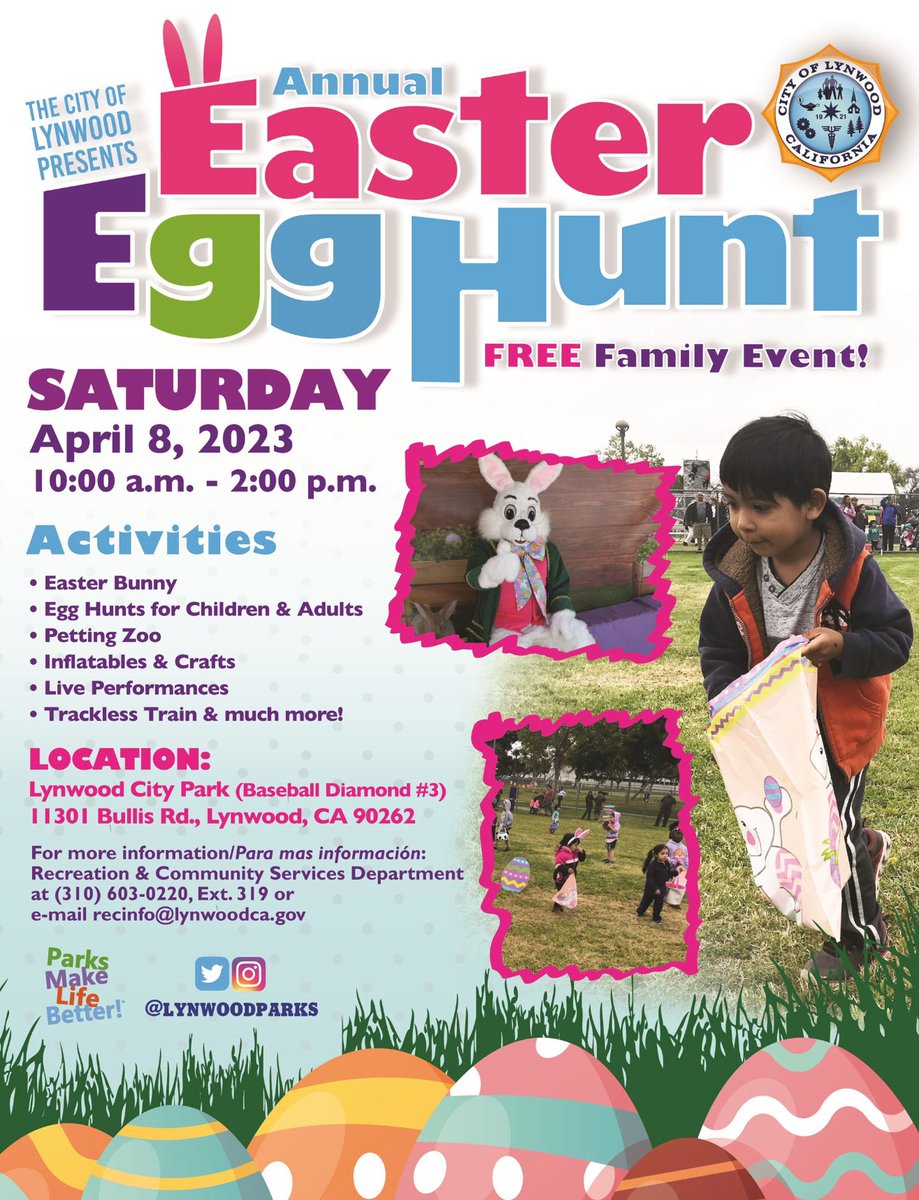 Mark Your Calendars!
The City of Lynwood Easter Egg Hunt is Saturday, April 8!

It will be a great family fun and free event!