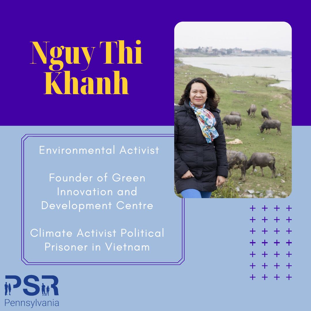 Nguy Thi Khanh is an #environmentalactivist in Vietnam, who centered her work on #sustainableenergy & #waterrights. She is currently imprisoned in Vietnam for her #activism
#PSRPA  #WomensHistoryMonth #WomeninHistory#Coal #ProtectWater #RiverDefenders #Vietnam #PoliticalPrisoner