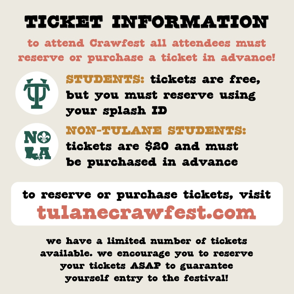TulaneCrawfest's tweet photo. 🚨TICKETS GO ON SALE MONDAY 3/20 @10AM CST🚨DM us with any questions about how to get tickets! #crawfest #tulane #tickets https://t.co/W5Hq675Mlf