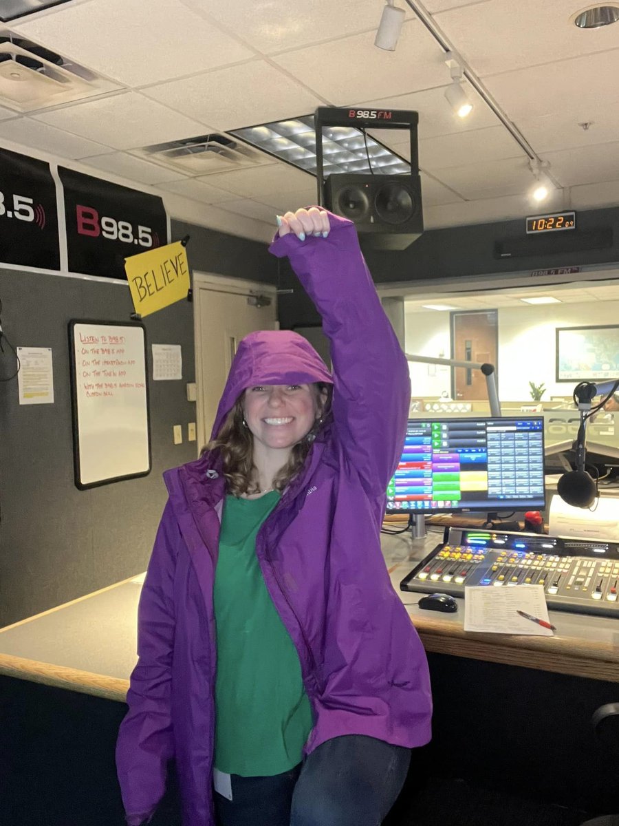 B985FM's tweet photo. I should have known that when you wear green for #StPatricksDay, then you put on your raincoat (that happens to be purple) because it’s raining, you will bear a striking resemblance to a high profile celebrity… 🍀😂🦖 -@abbyjessen #Barney #OutfitFail https://t.co/D4zZ9kBhFa