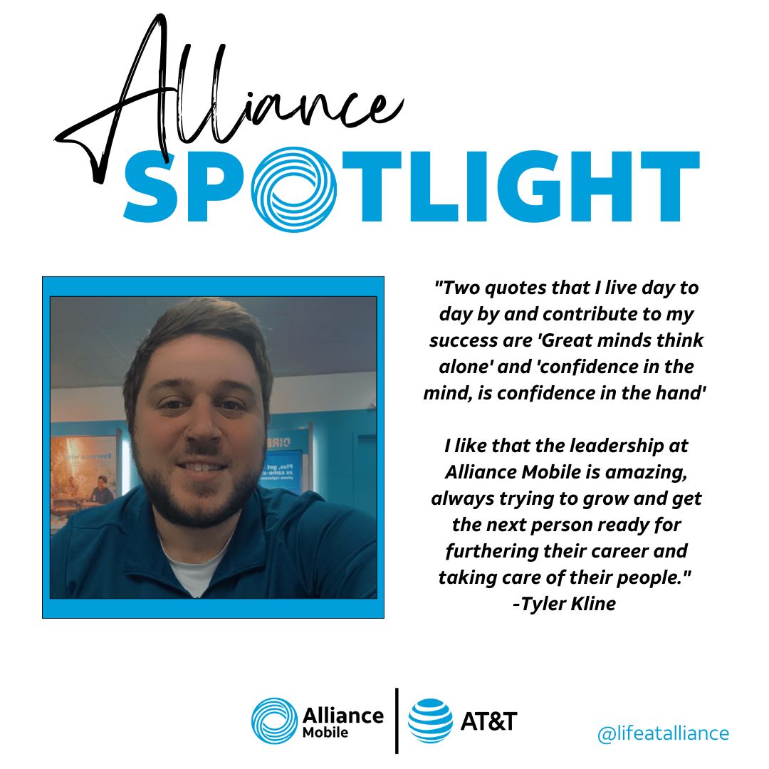 Tyler Kline Manager at our Mentor, OH store👏Tyler finished #1 on the Alliance Mobile Ranker! He also leveled his store up from Regular to Battleship this past quarter and is currently trending to Level up to Flagship. All while going above &amp; beyond for his team. #lifeatalliance