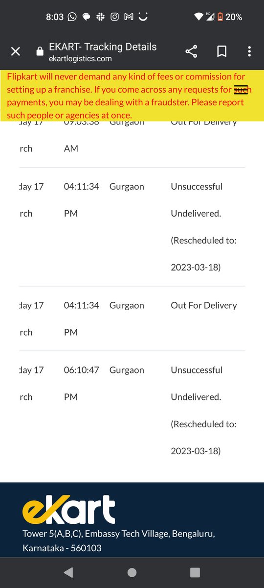 HeyHarshi_'s tweet photo. @flipkartsupport @Flipkart  is such a scam. Waiting time was 24 hours, to be delivered on the 14th.

And today after being out for delivery for 2 hours and no information they marked in unsuccessful,

This is the 2nd order  for the same product. Same result. https://t.co/sVrqSS2JfA