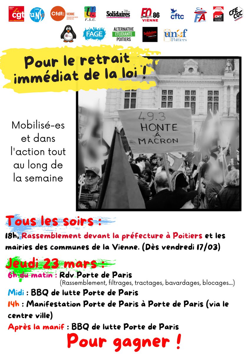 Fsu086's tweet photo. La mobilisation continue dans la Vienne comme ailleurs !
1er rdv, ce soir, 18h devant la préf de la Vienne à Poitiers.
On reste mobilisé-es et dans l'action toute la semaine : en point de mire une démonstration de force jeudi 23 mars par la grève et la manifestation
Pour gagner ! https://t.co/DCuGbvgtJN