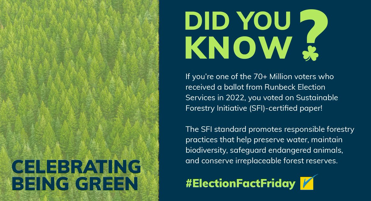 RunbeckElection's tweet photo. This St. Patrick's Day, we’re not only decked out in green attire but we're also committed to #GreenPractices. This includes printing over 127 million election materials in 2022 on paper certified by the Sustainable Forestry Initiative. ✔️ ☘️ 

#HappyStPatricksDay #GoGreen https://t.co/4H3ovcJOHd