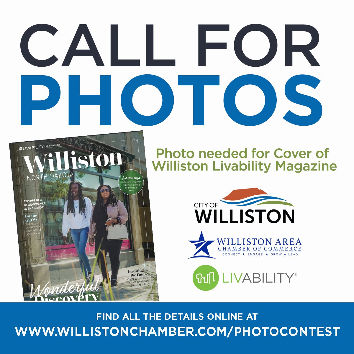 WillistonEcon's tweet photo. Calling all photographers! If you have a photo that portrays our community, submit it to the Williston Area Chamber of Commerce for a chance to be on the cover of the next Williston Livability Magazine!
#WillistonLivability #WillistonChamber #photographers #CityofWilliston https://t.co/2CP3WLXQRM